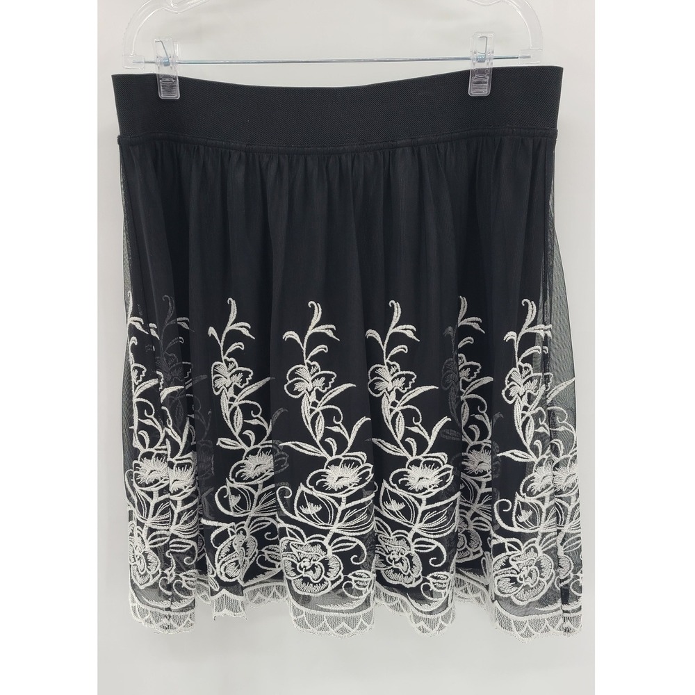 Alfani Women's Embroidered Mesh A-Line Skirt‎ Size L Black White Floral Lined